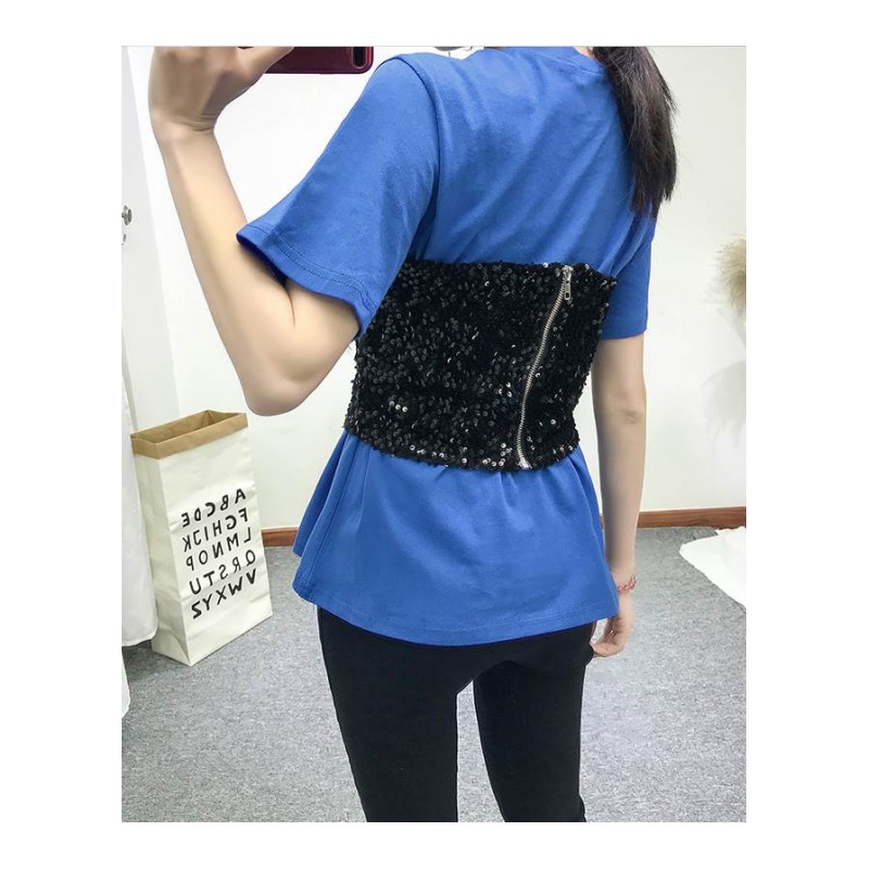 2018夏季新款韩版棉短袖T恤加闪闪亮片裹胸两件套小清新学生圆领