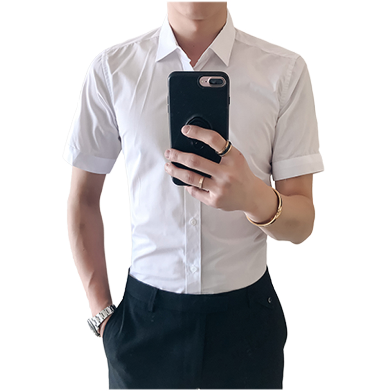 2018年时尚潮夏季韩版修身半袖衬衣休闲寸衫男士纯色短袖衬衫