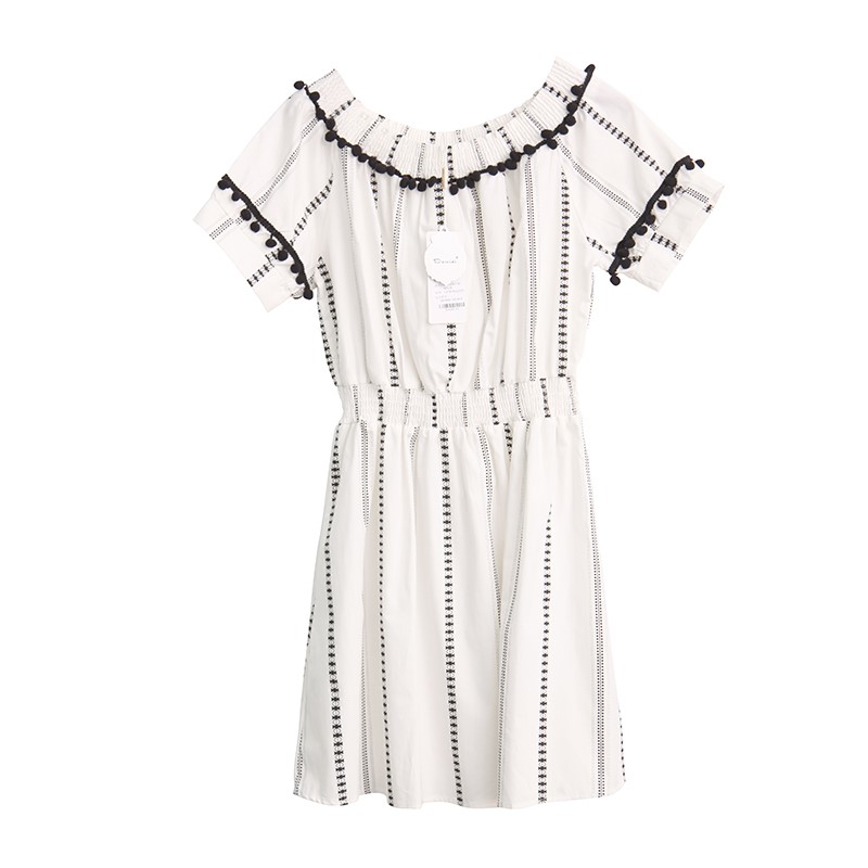 一字领露肩棉麻连衣裙2018夏季新款韩版气质松紧收腰修身显瘦中心