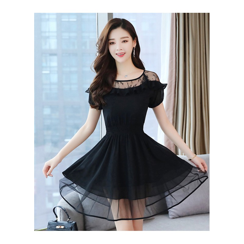 18新款女款雪纺连衣裙性感小黑裙子女夏季韩版短袖流行女装