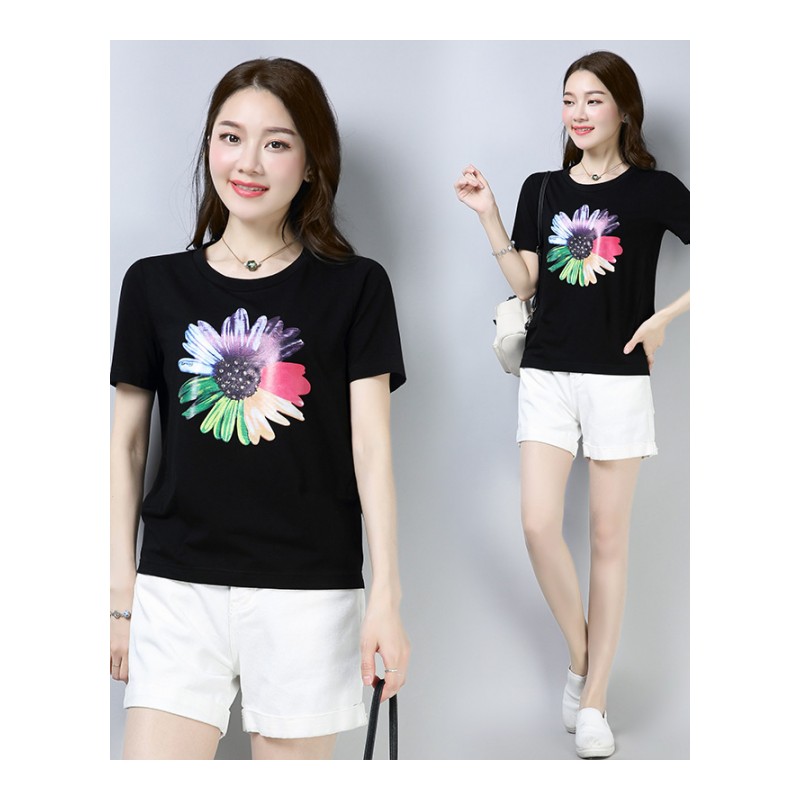 韩版夏季修身显瘦百搭气质森女流行休闲植物花卉圆领优雅复古T恤