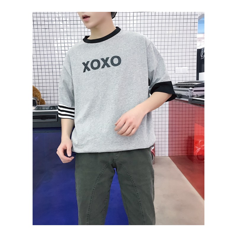 2018夏季新款韩版时尚假两件短袖T恤衫潮流学生青少年BF半袖男T恤