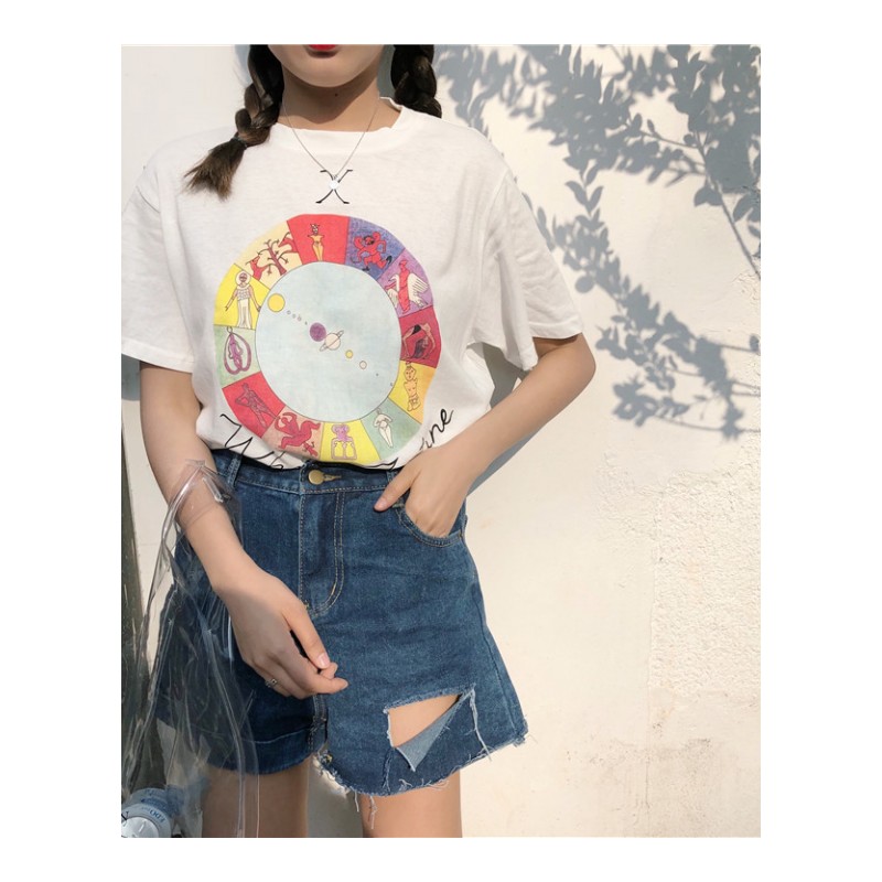 2018年夏季女装新款棉短袖印花T恤抽象图案宽松直筒女潮简约港风