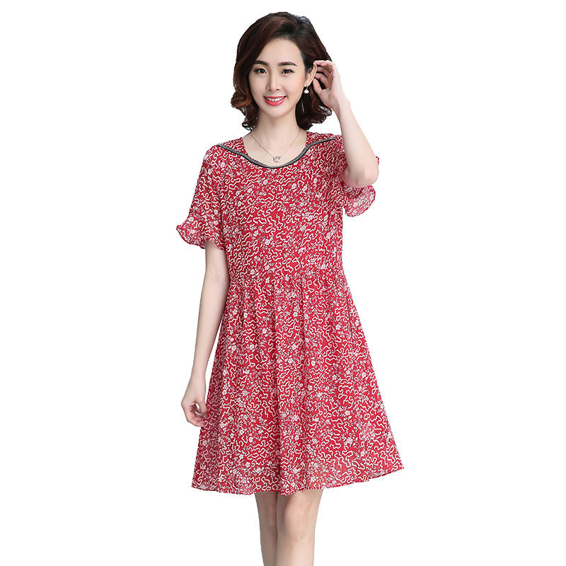 连衣裙花色圆领高腰2018年夏季短袖中裙碎花印花图案韩版潮流女装