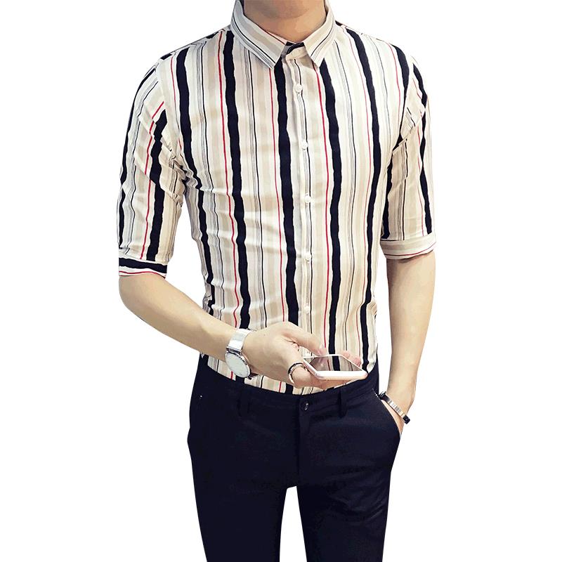 条纹衬衫尖领2018年精致韩风时尚都市夏季七分袖修身型青少年心机