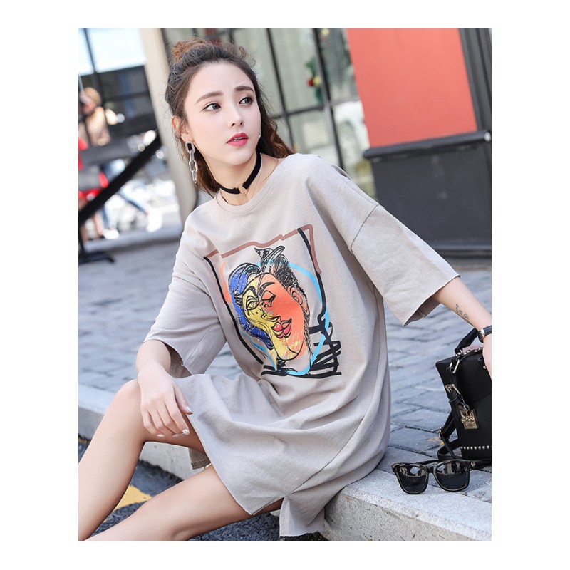 中长款圆领抽象图案潮流时尚百搭个性休闲T恤2018年夏季韩版时尚