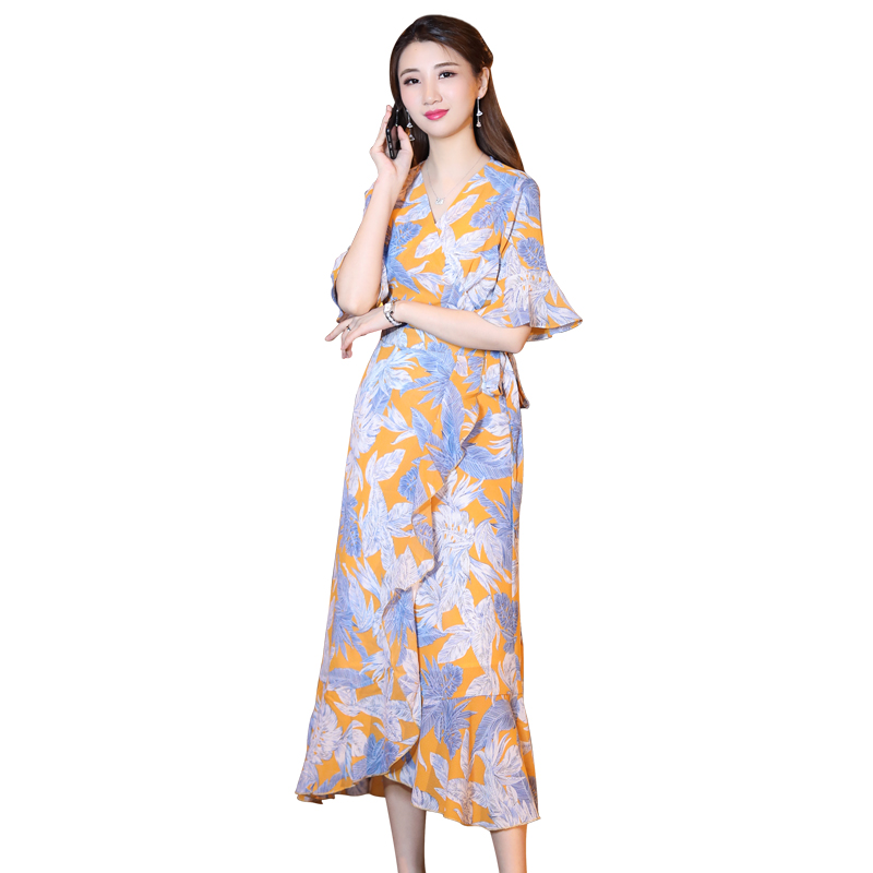 雪纺连衣裙2018夏装新款女心机时尚修身显瘦碎花a字裙子女夏长裙