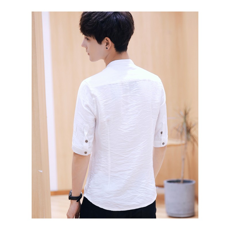 2018年时尚潮流七分袖衬衫男士短袖新夏季修身韩版青年休闲衬衣