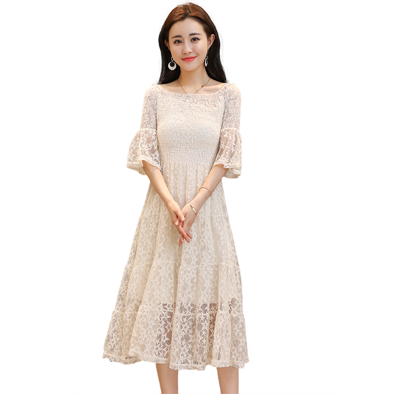 纯色一字领露肩修身蕾丝中长款连衣裙女松紧束胸上身高腰气质优雅