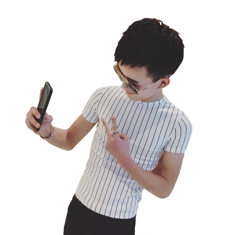 2018年夏季时尚新款潮韩版修身社会精神小伙打底衫竖条纹短袖T恤