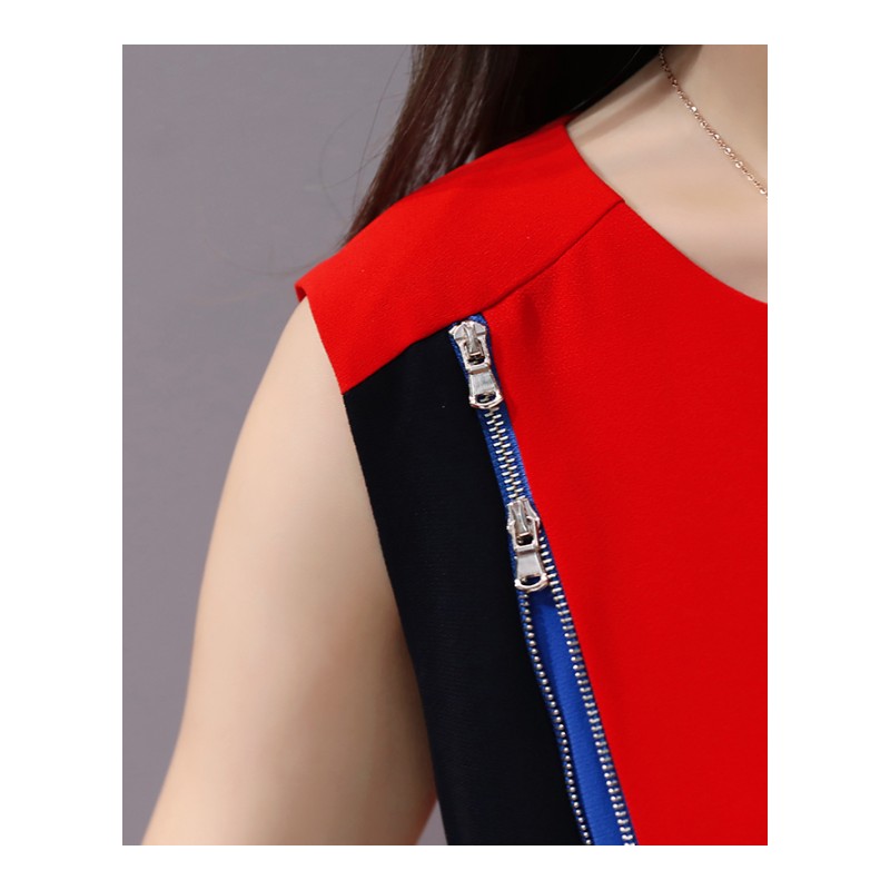 连衣裙2018年夏季新款时尚气质韩版韩版百搭圆领无袖接拼潮流优雅