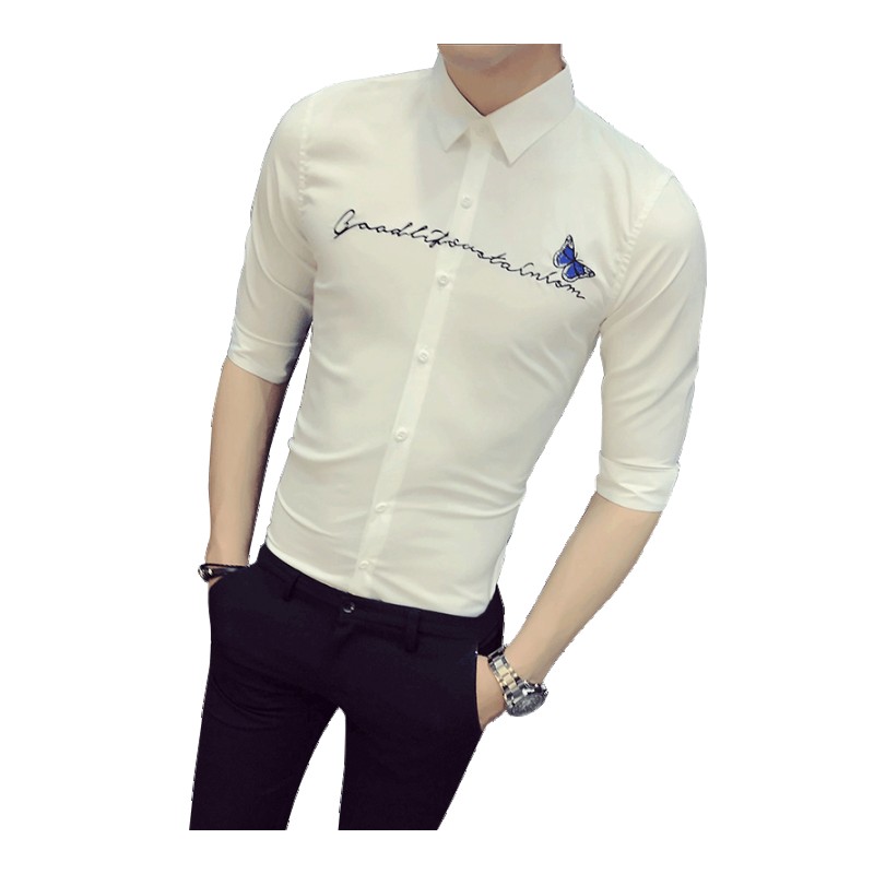 2018夏款男士七分袖衬衫刺绣修身免烫酒吧夜店型师短袖衬衣工装