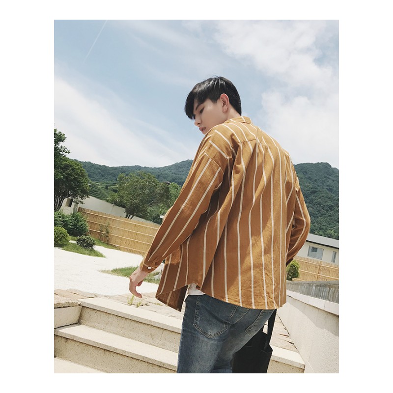 2018春装韩版男款复古黑白竖条纹宽松大码衬衫学生防晒短外套开衫