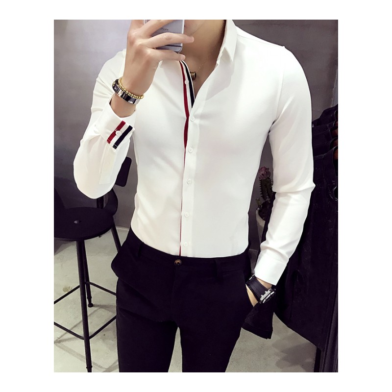 2018春装韩版修身男款长袖衬衫理店型师餐厅KTV服务员工作服