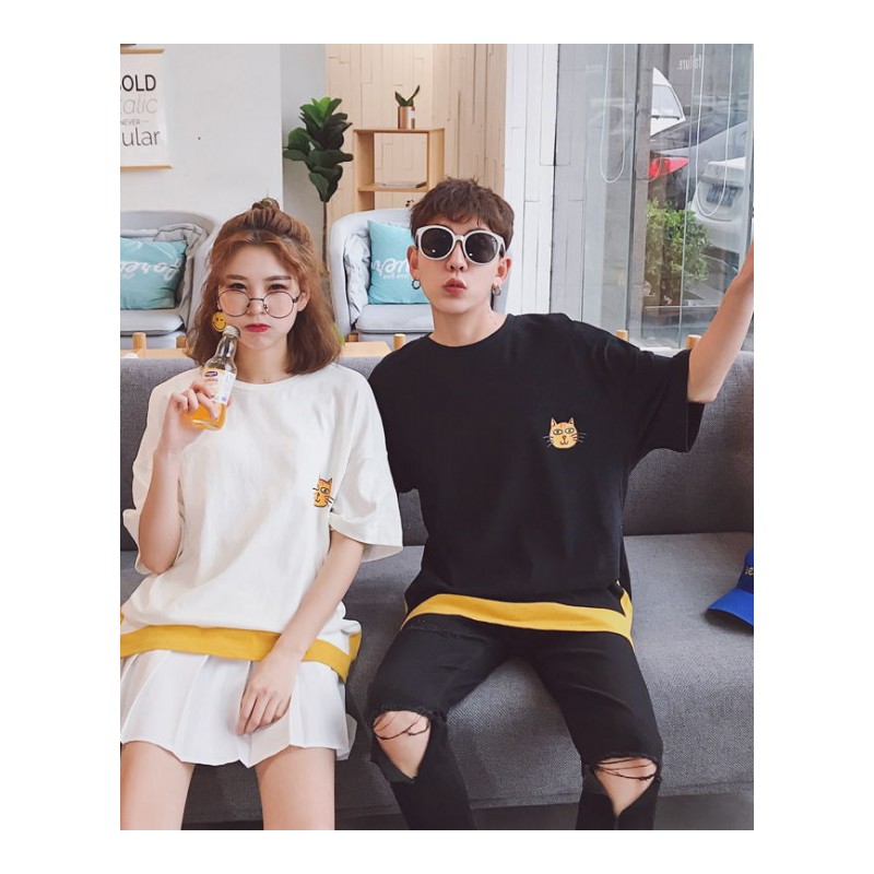情侣装夏款新款韩版宽松卡通短袖T恤男女学生班服时尚假两件T恤男