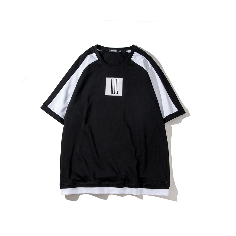 2018夏装黑白撞色韩版男士字母印花五分袖时尚宽松圆领薄款T恤衫