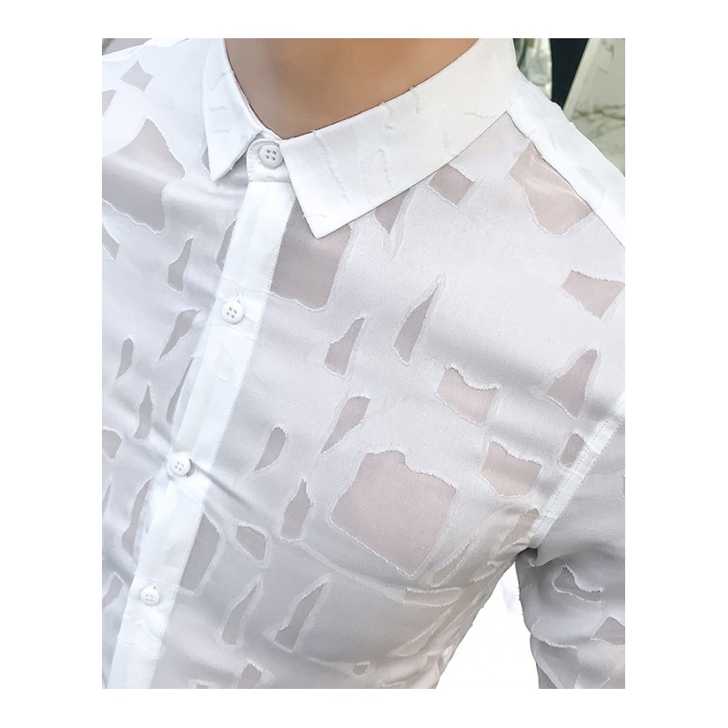 新款镂空个性镂空透视七分衬衫男型师夜店会所中袖韩版修身短袖