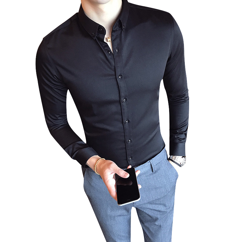 2018春季新品男装商务休闲修身男款长袖衬衫后领刺绣青年百搭寸衫