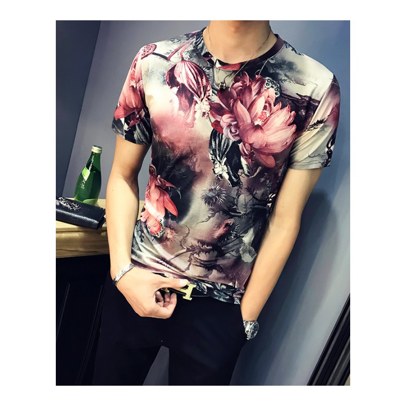 夜店夜场DJ青年紧身型男短袖体恤夏季社会男装印花修身T恤半截袖