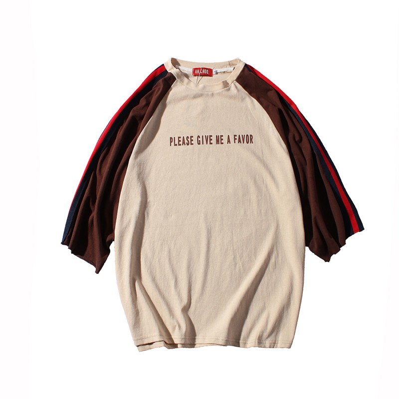 2018夏新款男士时尚日系小清新学生气质宽松拼织带短袖T恤