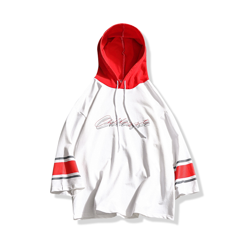 夏季青少年连帽印花七分袖T恤男士加大码宽松中袖体恤衫潮男外套