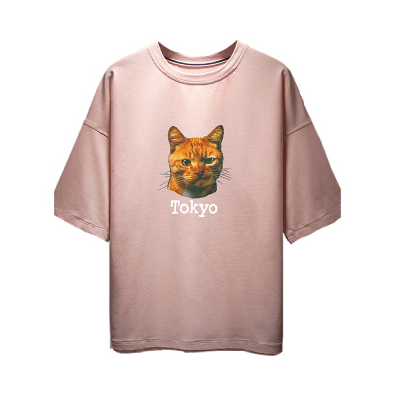 卡通猫咪印花五分袖T恤男士加肥加大码宽松衣服短袖男潮夏款上衣