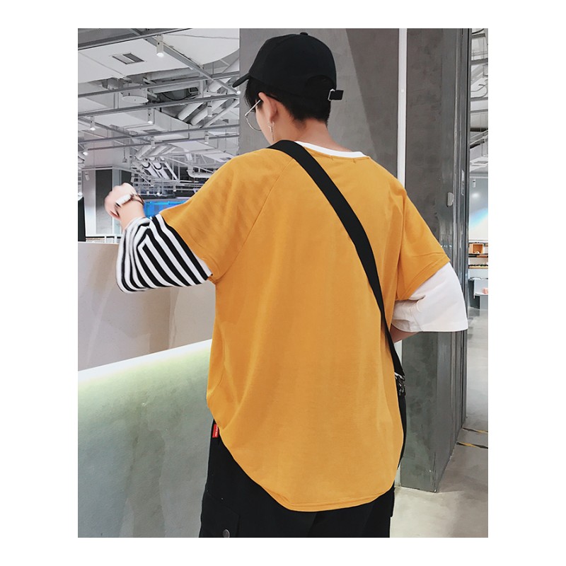 港风夏款假两件短袖T恤男韩版宽松学生七分袖条纹拼接情侣上衣潮