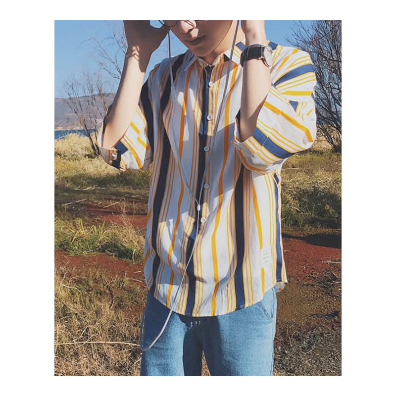 港风bf上衣2018春夏青年宽松竖条纹衬衫男生小清新撞色短袖衬衣潮