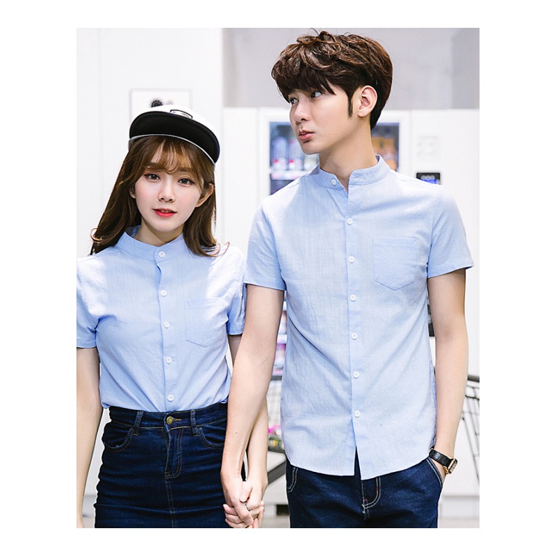 夏款新款情侣装立领短袖衬衫青年亚麻水洗棉透气上衣纯色衬衣小码