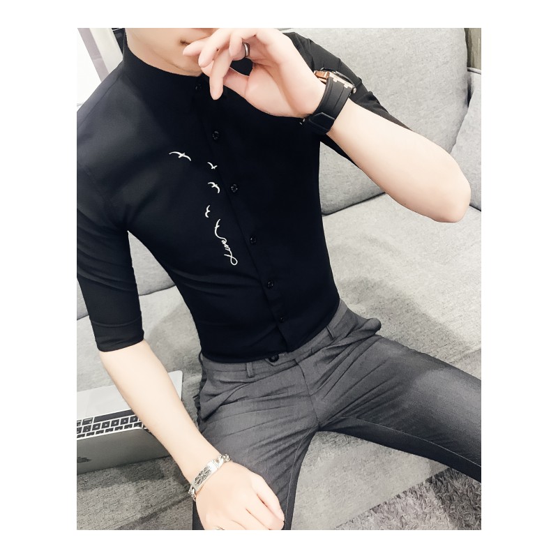 雅痞英伦绣花中袖衬衫青年韩版修身夜店公子美师型男七分袖衬衣