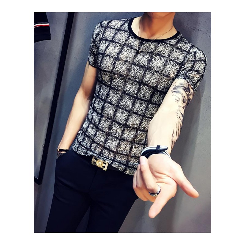 夏季男士短袖T恤时尚网眼透气速干运动镂空大码半袖薄款修身青年