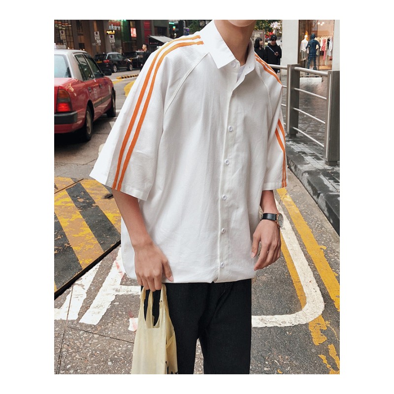 2018年夏款新款港风文艺简约条纹宽松中袖青少年衬衫纯色时尚