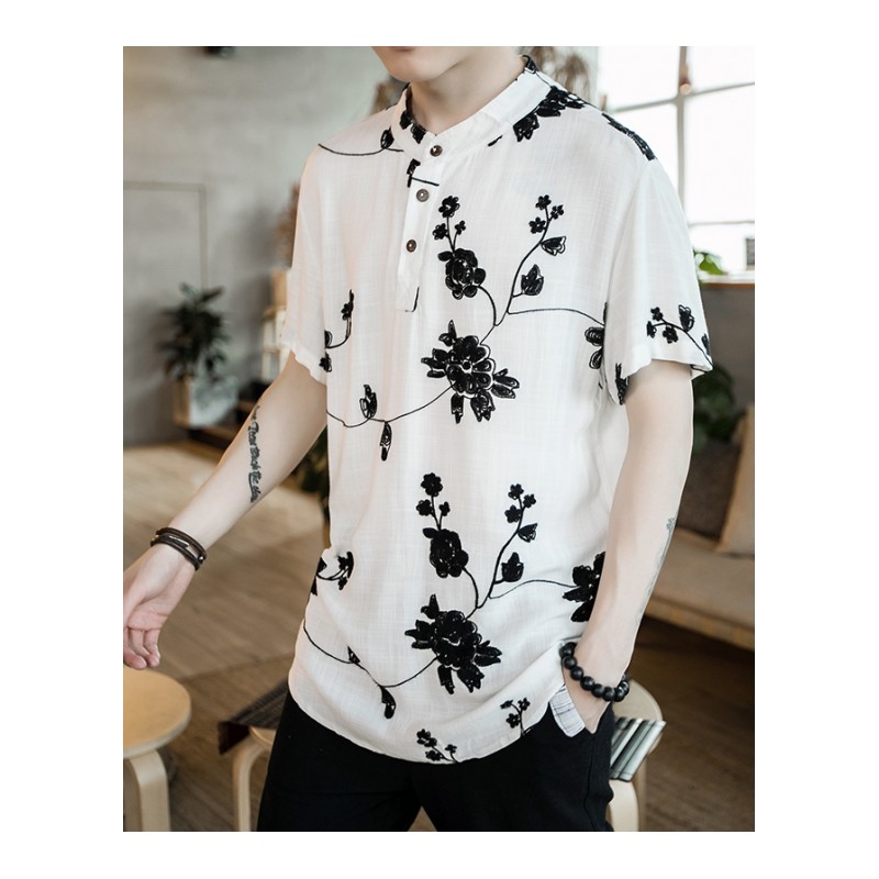 男士夏季亚麻刺绣短袖丅恤中国风加肥加大码潮胖半袖修身立领体恤
