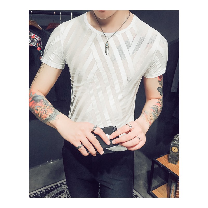 2018夏款缕空短袖T恤男青年时尚休闲打底衫社会小伙薄款圆领上衣