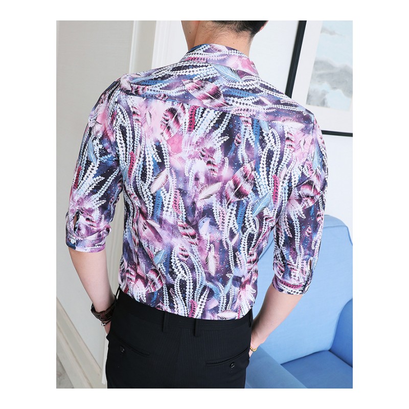 年轻夏款型男夜店中袖衬衫薄款修身七分袖衬衣3D印花演出服短袖衫