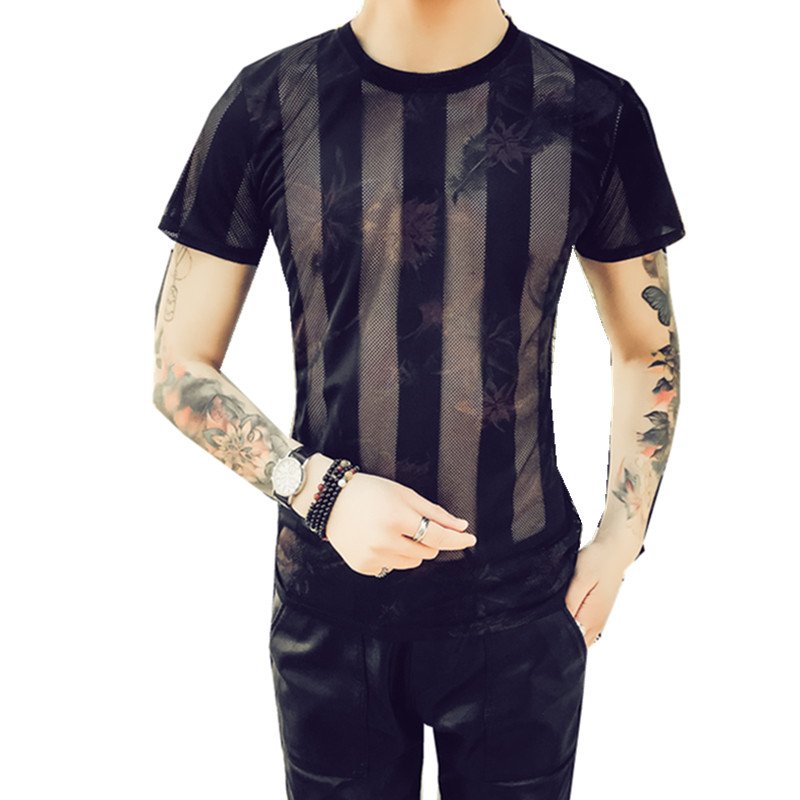 18夏季镂空网纱圆领短袖T恤修身透气性感半透明上衣青年帅气男T恤
