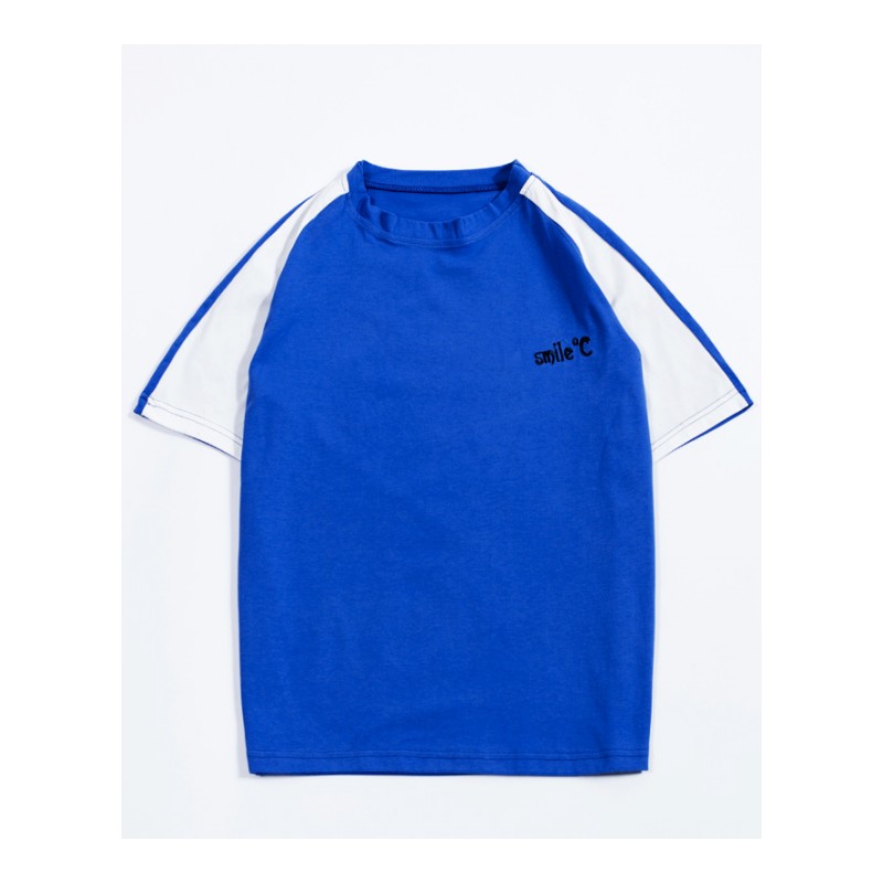 青少年夏季短袖T恤文艺复古经典蓝白拼接半袖衫2018年轻休闲上衣