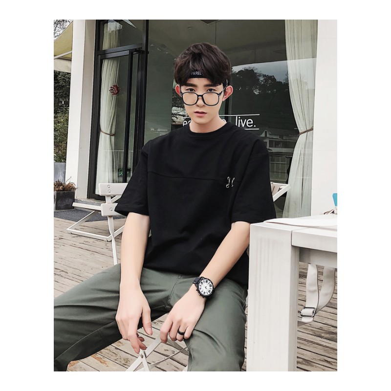 韩国日韩风短袖男潮黑色2018夏季男士T恤青少年帅气纯色圆领半袖