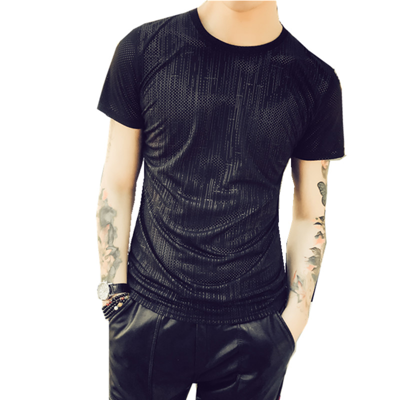 夏款年轻男士网眼透气短袖T恤夜店少爷半袖衫2018薄款修身镂空短t