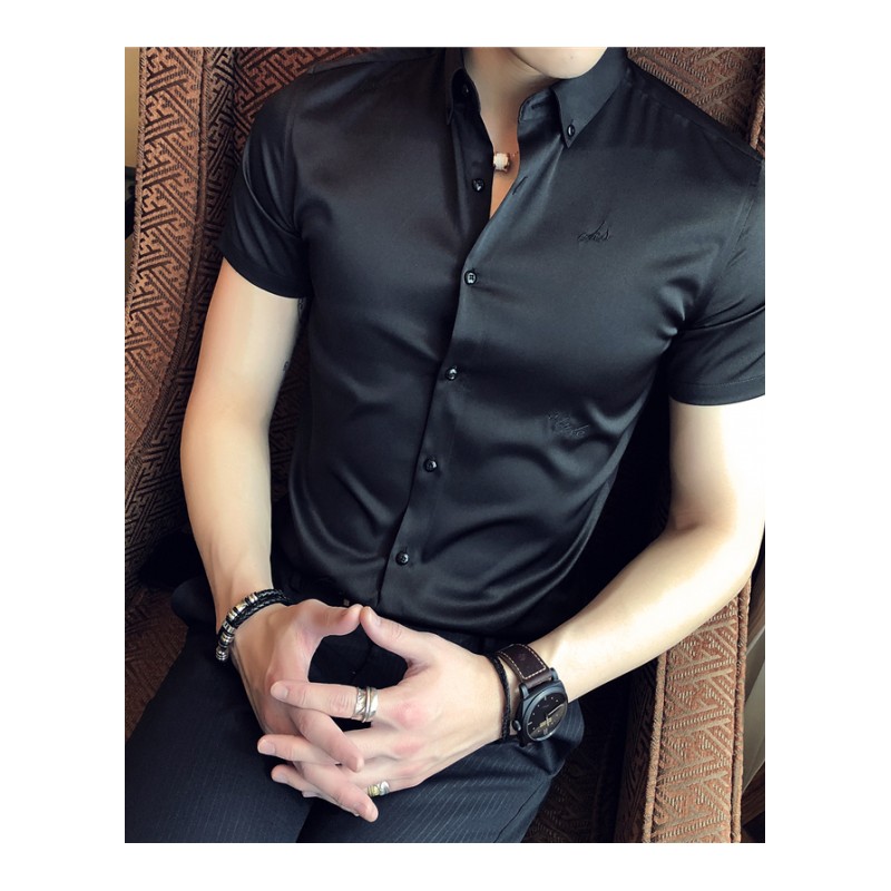 2018夏年轻 英伦修身男士刺绣短袖衬衣 免烫丝滑商务正装衬衫男装