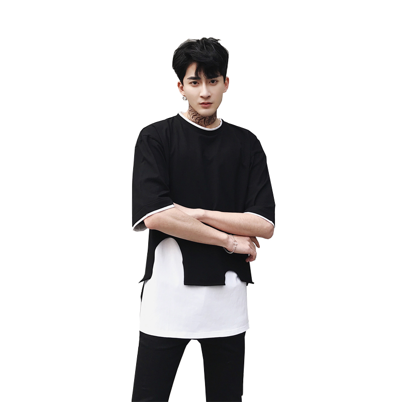 夏季年轻日系拼色原宿暗黑国潮男型师宽青少年松圆领假两件T恤