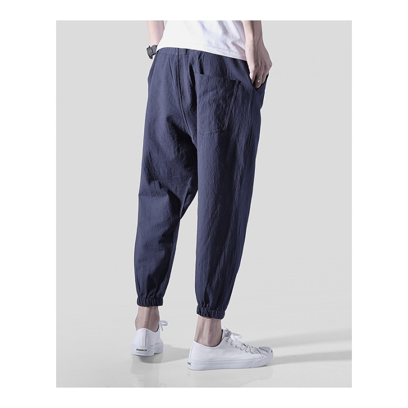 日系bf原宿风夏款裤子男休闲宽松亚麻小脚九分束脚阔腿哈伦裤薄款