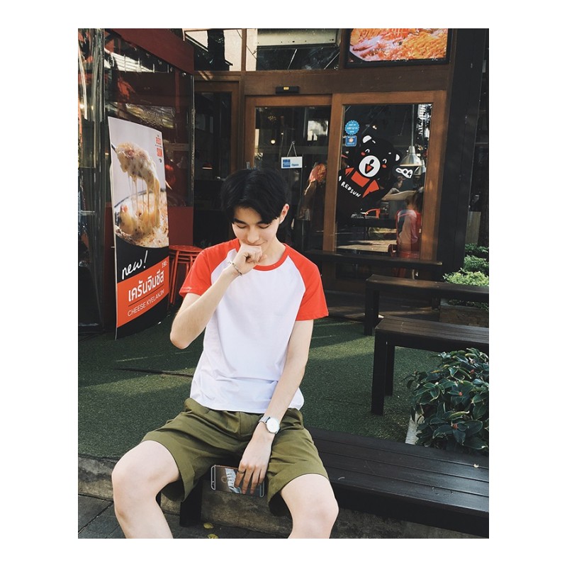 男装2018夏季韩版小清新拼色插肩袖短袖T恤男宽松打底上衣服T恤