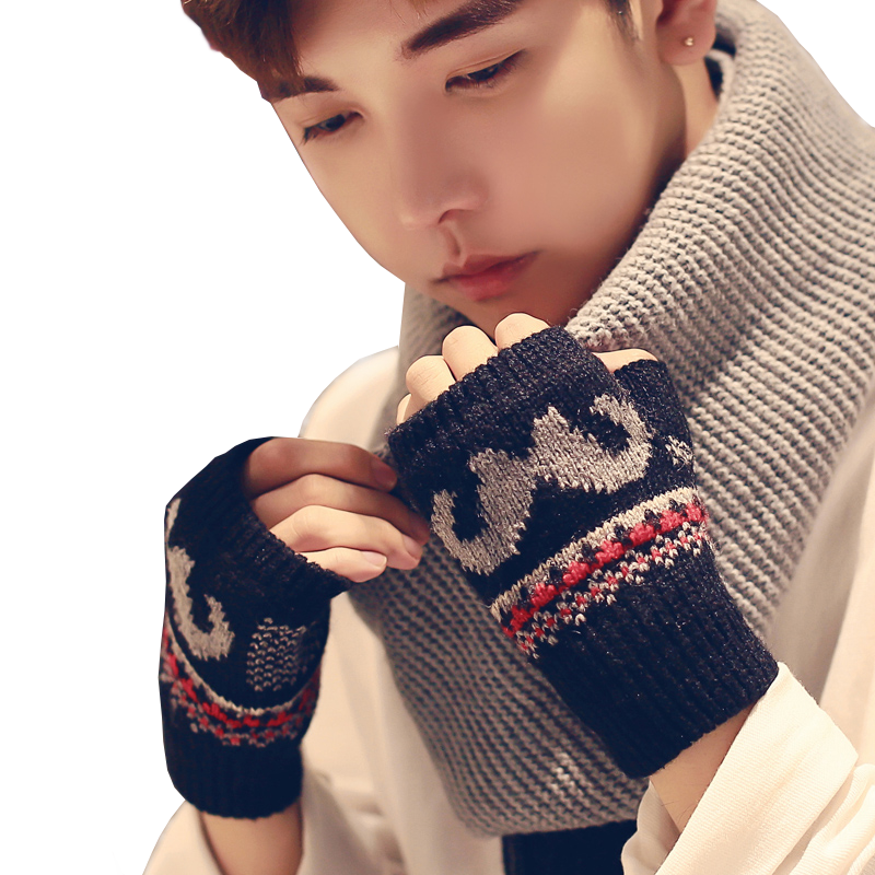 男士男款 冬季韩版男士毛线手套保暖学生防寒写字加绒半指手套
