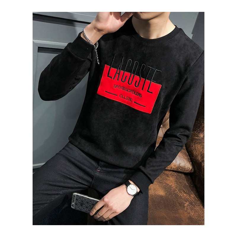 2018春季鹿皮绒圆领套头刺绣卫衣男款修身T恤青年时尚百搭打底衫