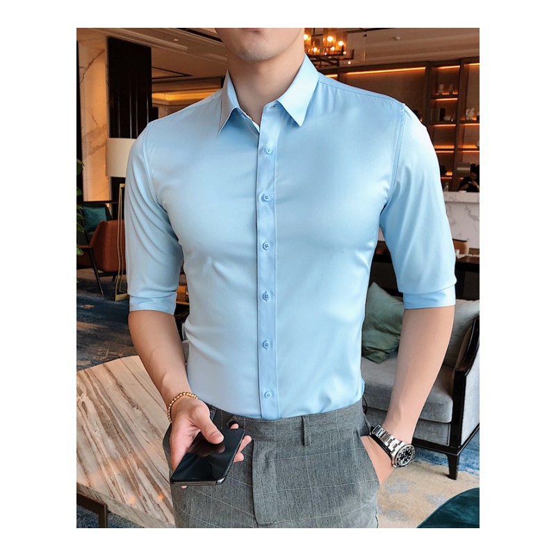 理店工作服型师助理修身七分袖衬衫美师工装纯白色中袖衬衣