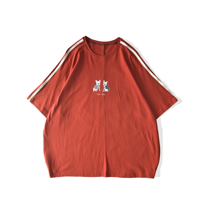 2018夏装新品圆领织带小狗卡通图案短袖T恤潮男情侣装韩版男体恤