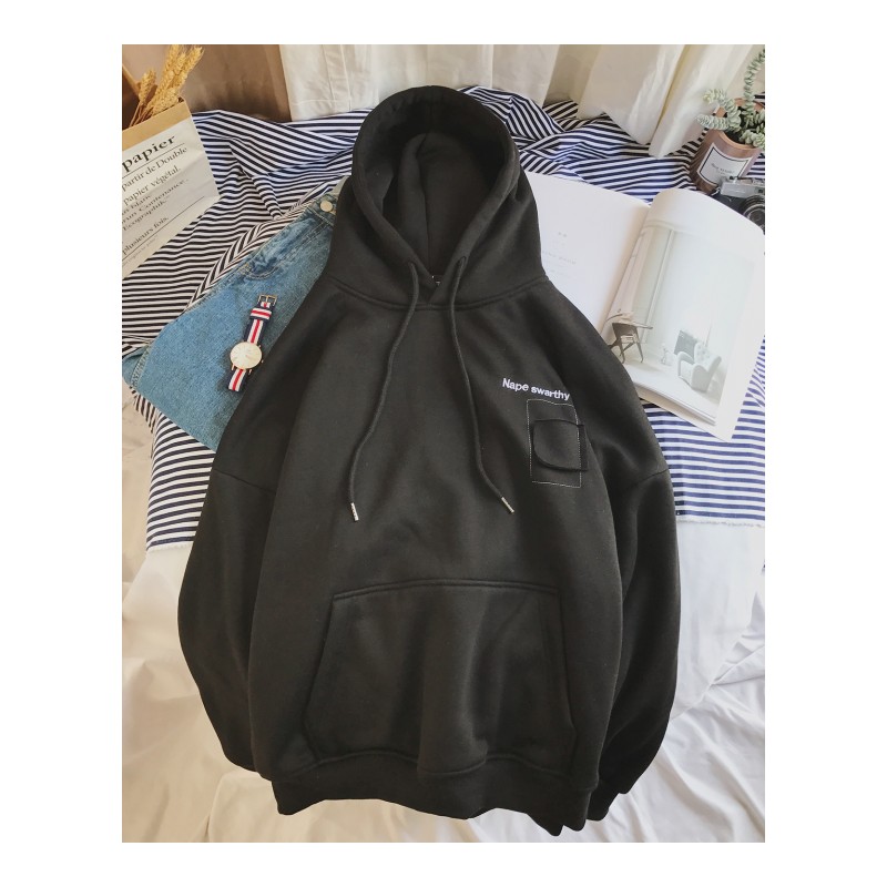 2018春装青少年新品字母刺绣宽松套头纯色连帽卫衣男款港风潮外套