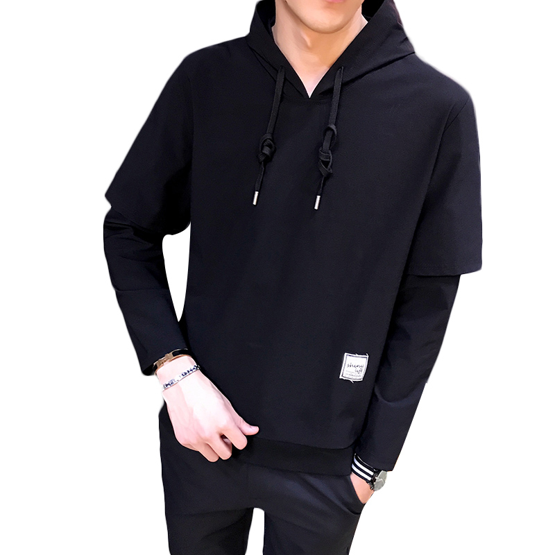 2018春装春夏男款假两件设计百搭长袖连帽卫衣青少年韩版帅气上衣