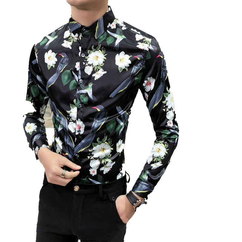 2018春新品男个性数码印花衬衫店主风潮夜店男工作服长袖青年寸衣